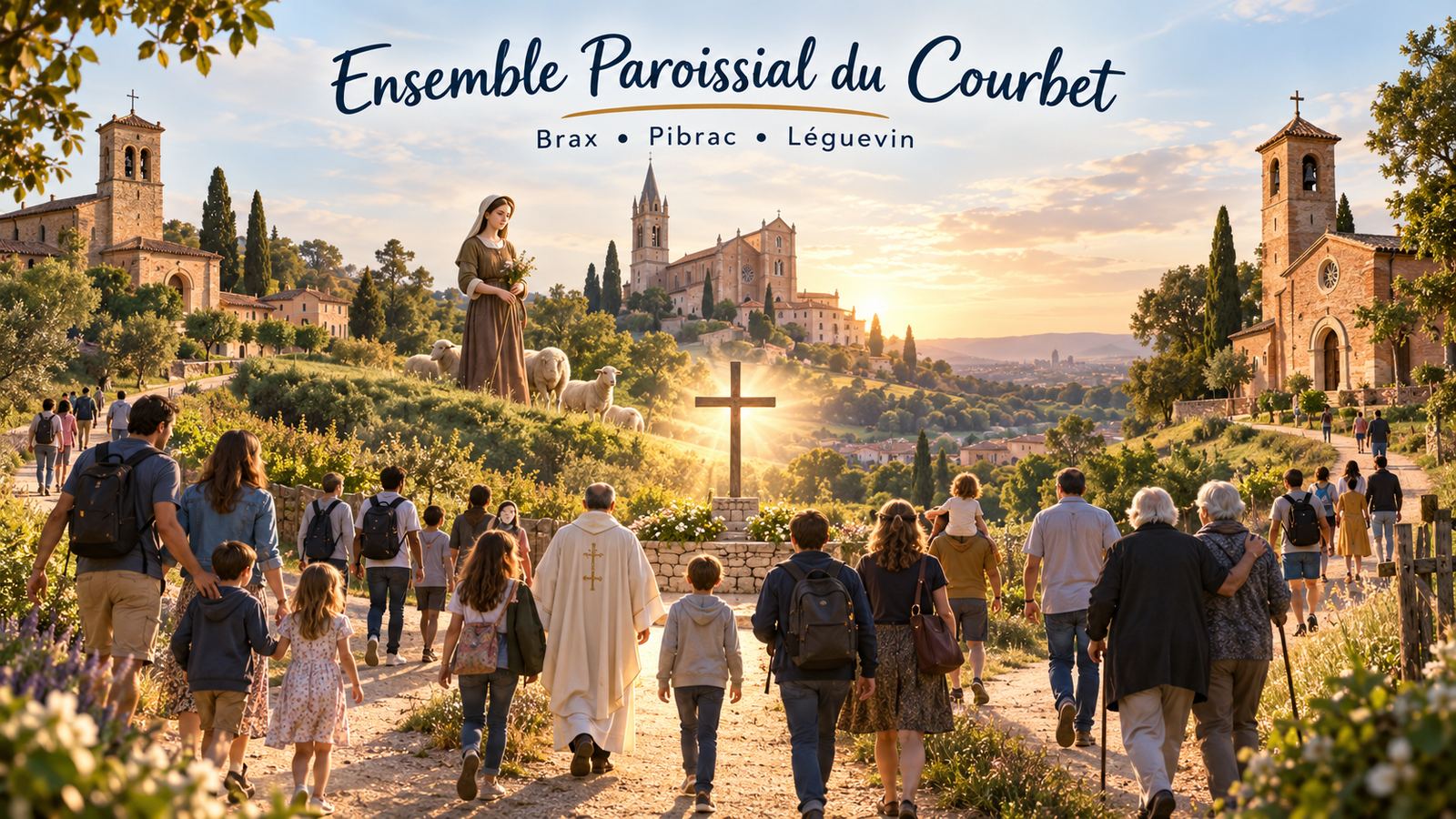 Marche paroissiale de l'Ensemble Paroissial du Courbet, vers la croix, au coucher du soleil
